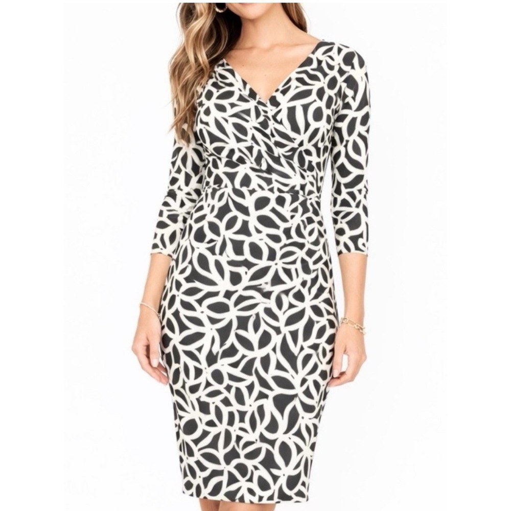 Lauren Ralph Lauren Faux Wrap Dress 10‎ Gray Ivory Excellent Ruched Floral
